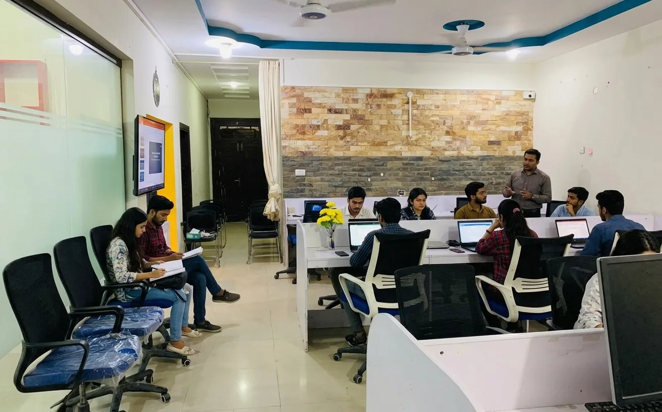 Students working together in the ICR IT Centre workspace