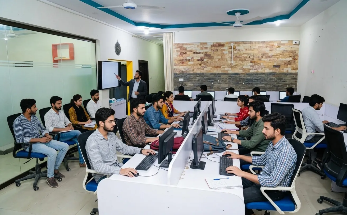 Computer lab class at ICR IT Centre with instructor and workstations
